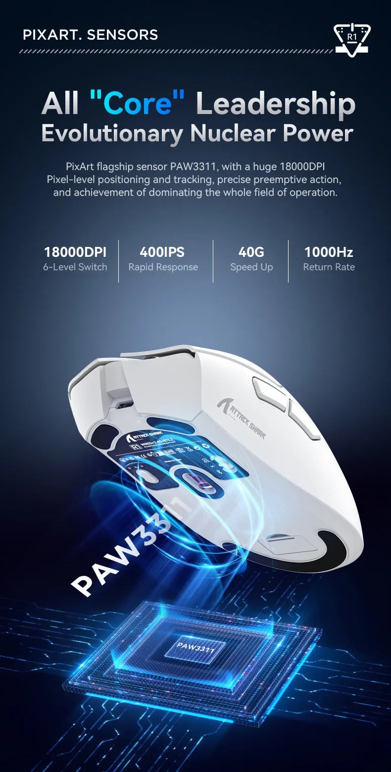 Attack Shark R1 2.4G USB Tri-modeWireless Gaming Mouse Bluetooth Connection 18000DPI 1000Hz Macro Mice For PC