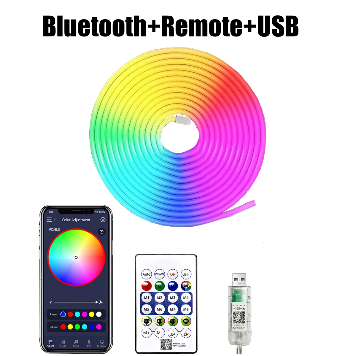 USB RGB Neon LED Strip Lights with Bluetooth Control