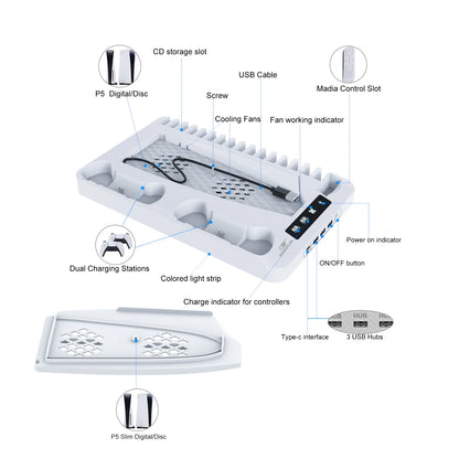 GAMINJA P58 P5 Stand Cooling Station With RGB Light Cooling Fan Dual Controllers Charger For Playstation 5 Game PS5 Accessories