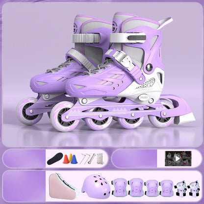 Inline Roller Skates With Helmet, Elbow And Knee Pads Shoe Bag Set Flash 4 Wheels Sneakers For Boys Girls Adjustable Skate Shoes