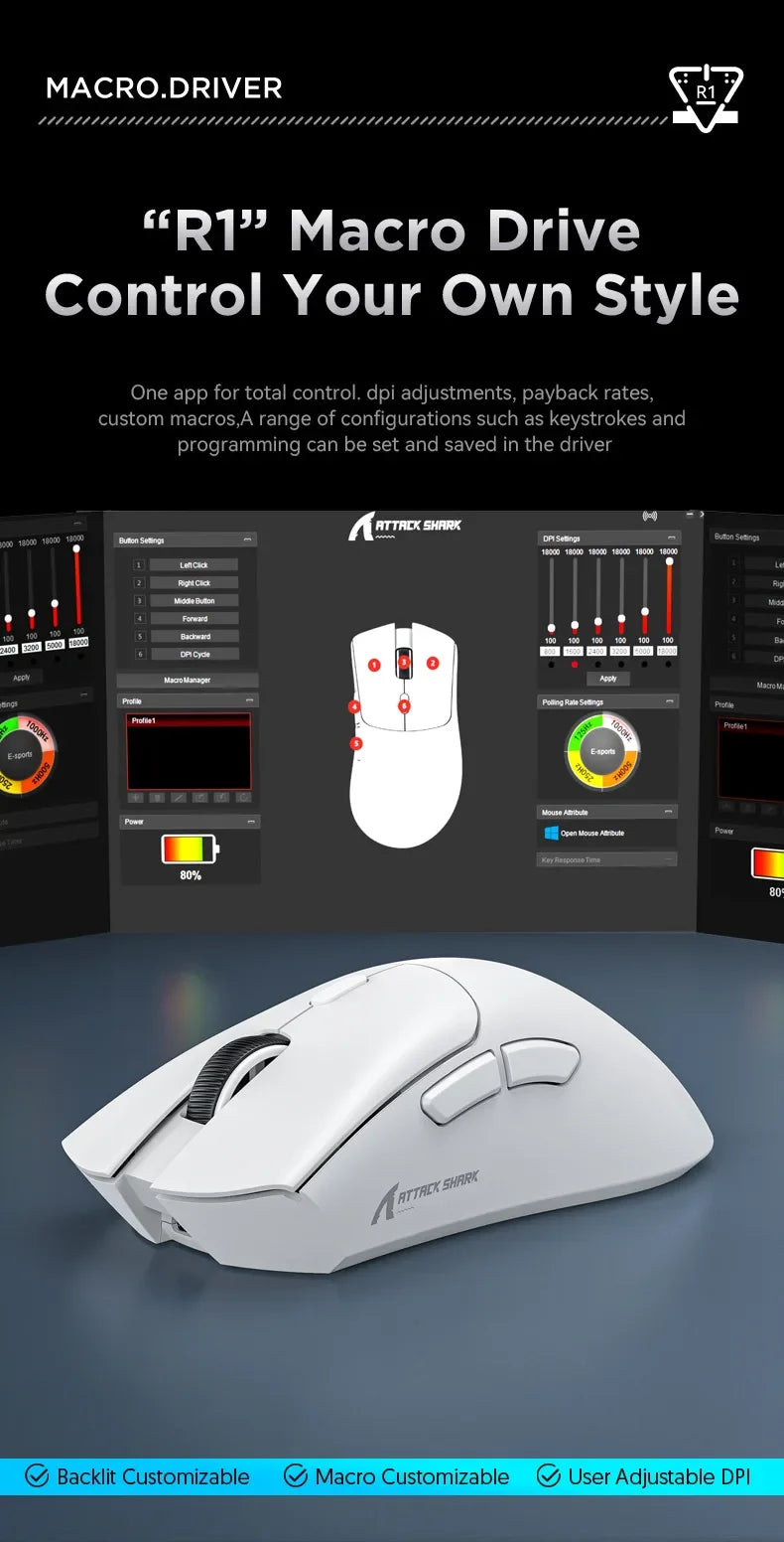 Attack Shark R1 2.4G USB Tri-modeWireless Gaming Mouse Bluetooth Connection 18000DPI 1000Hz Macro Mice For PC