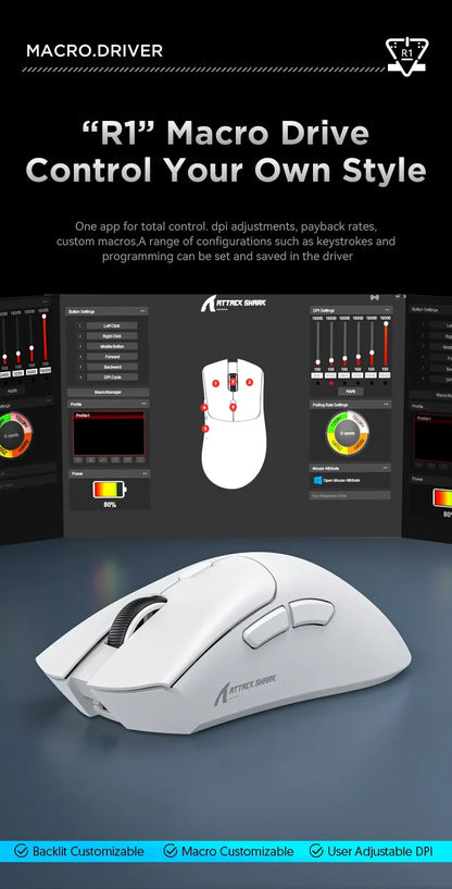 Attack Shark R1 2.4G USB Tri-modeWireless Gaming Mouse Bluetooth Connection 18000DPI 1000Hz Macro Mice For PC