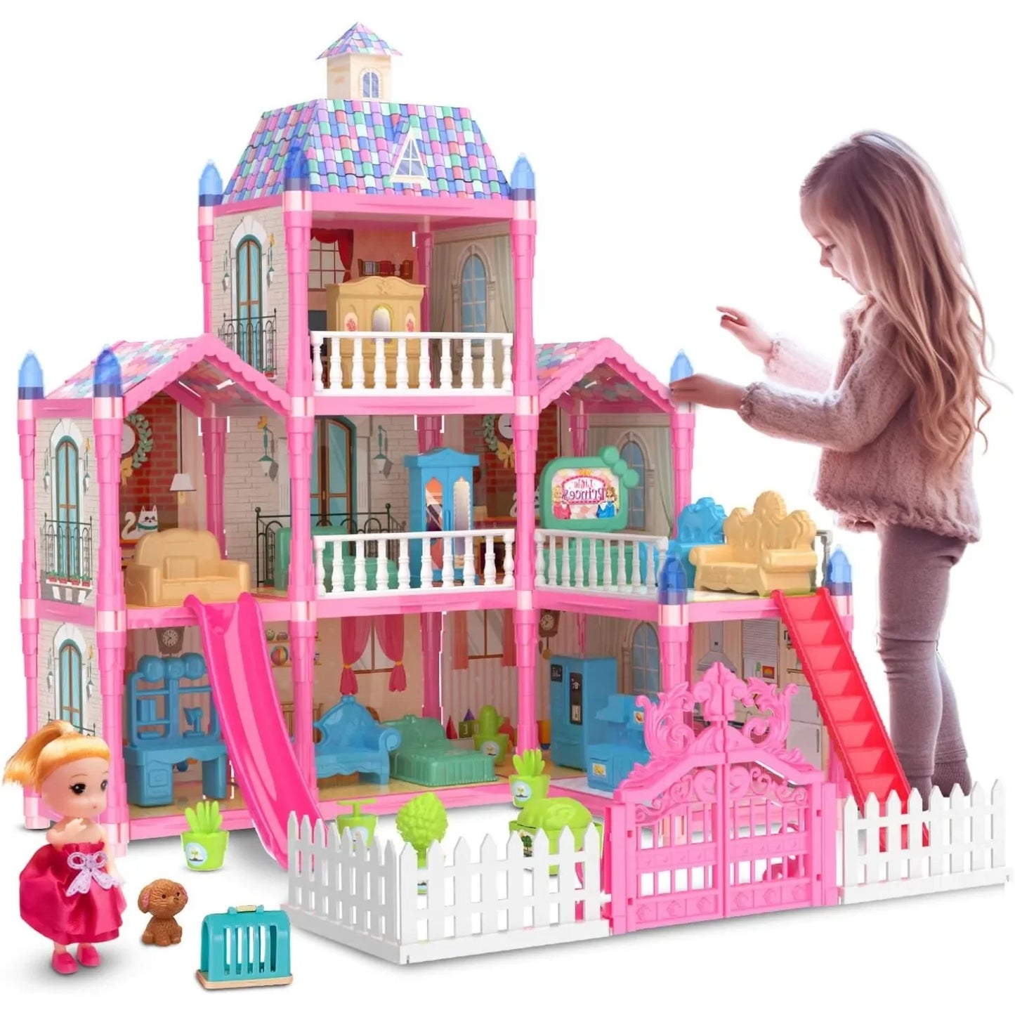 Luminous Doll House Dreamhouse for Girls Princess Playhouse Set with Dolls Furniture Accessories Pretend Play Birthday Gifts