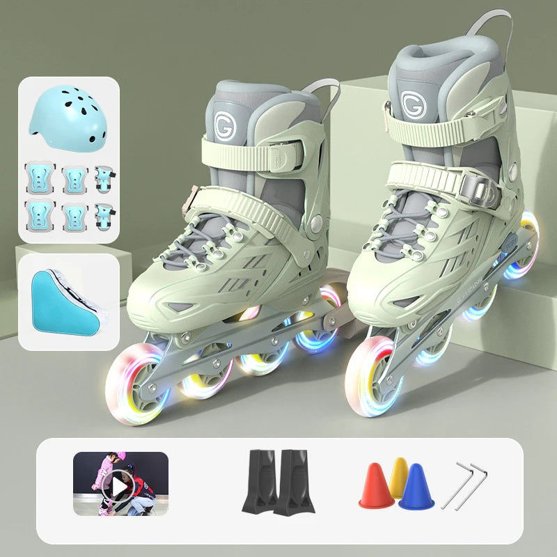 Inline Roller Skates With Helmet, Elbow And Knee Pads Shoe Bag Set Flash 4 Wheels Sneakers For Boys Girls Adjustable Skate Shoes