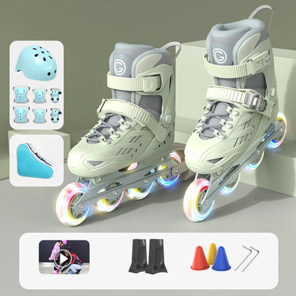 Inline Roller Skates With Helmet, Elbow And Knee Pads Shoe Bag Set Flash 4 Wheels Sneakers For Boys Girls Adjustable Skate Shoes