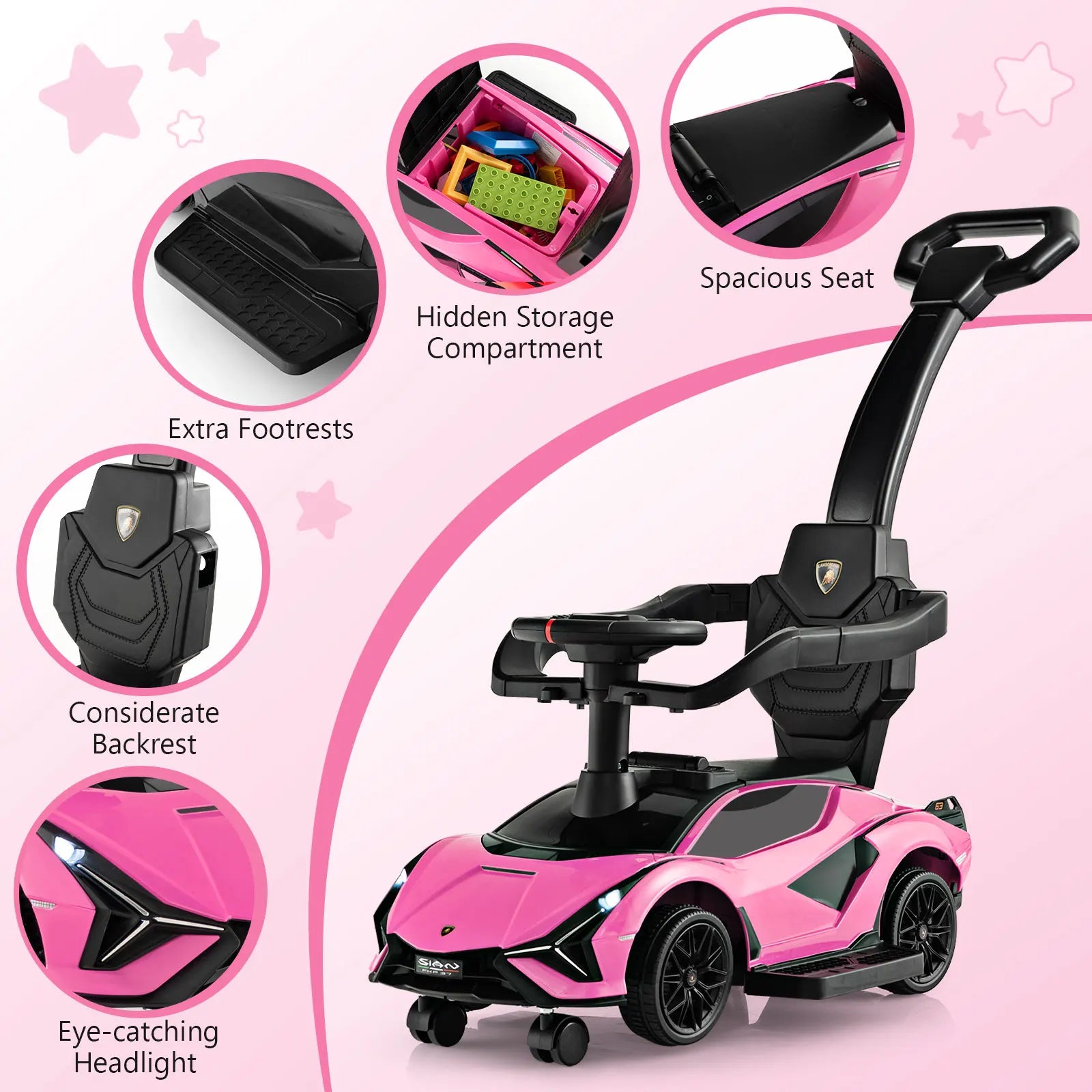 DORTALA 3-In-1 Toddlers Ride on Push Car Kids Licensed Lamborghini Walking Toy Car Black/Pink/White