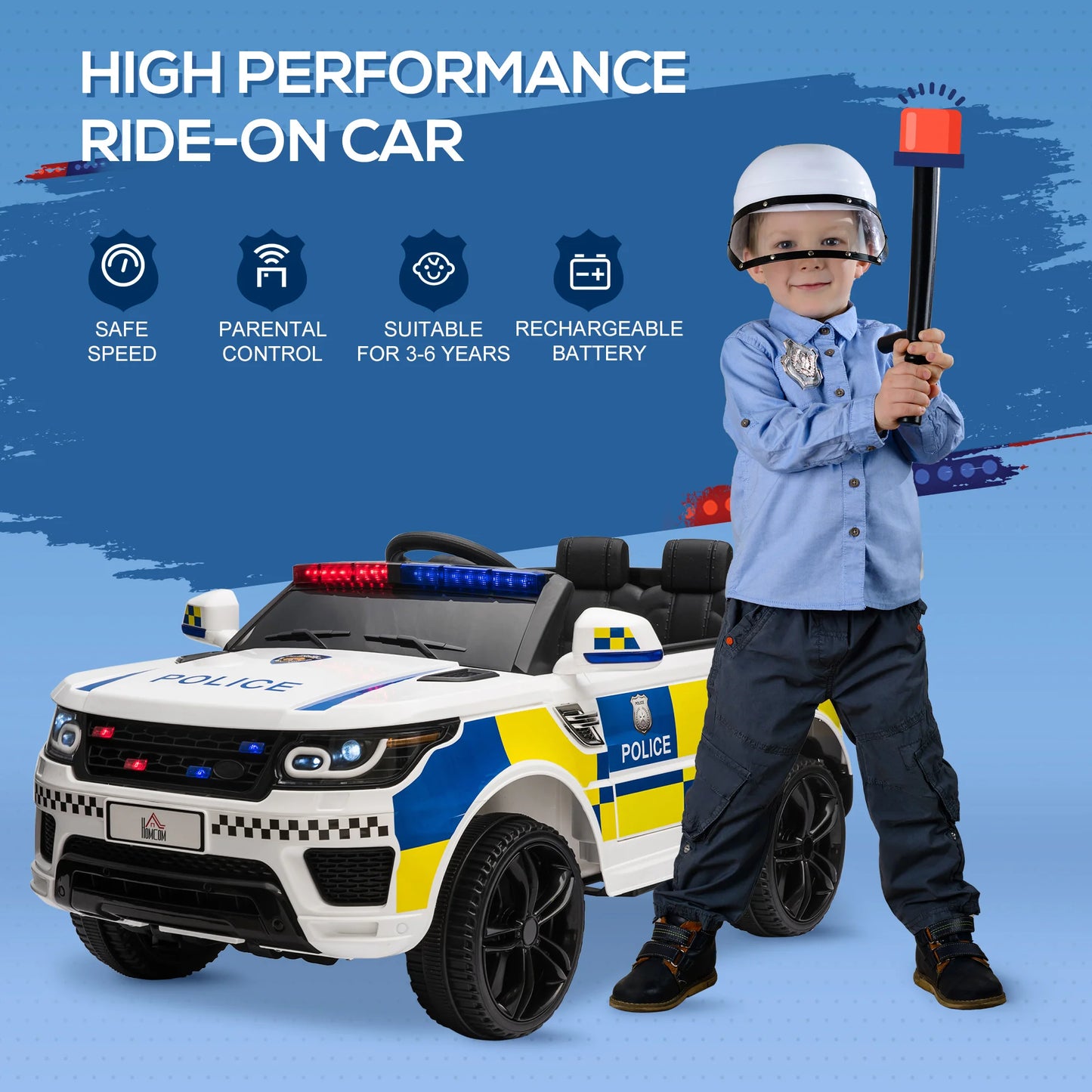 HOMCOM 12V Kid Electric Ride On Police Car w/ Remote Siren Bluetooth 3-6 Years