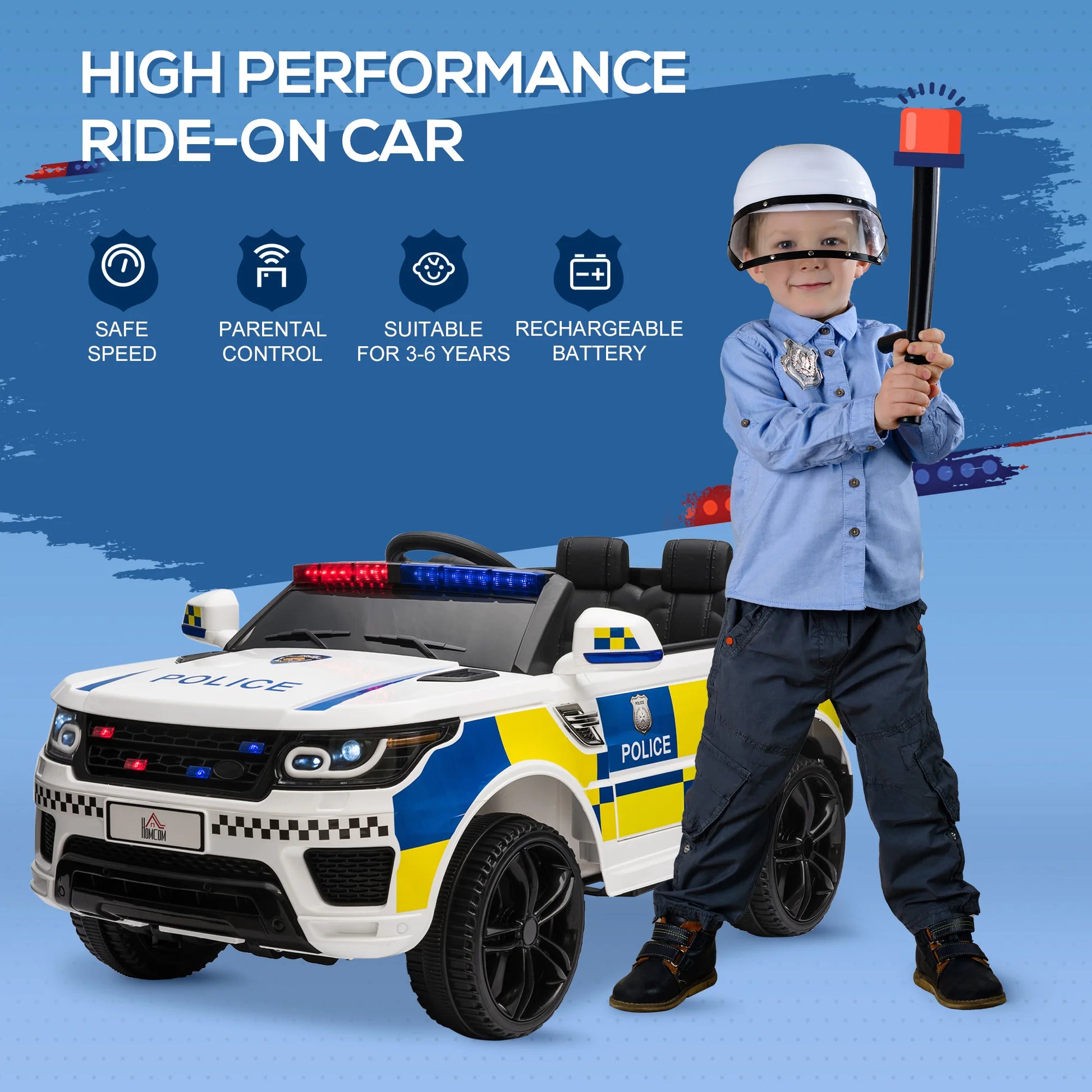 HOMCOM 12V Kid Electric Ride On Police Car w/ Remote Siren Bluetooth 3-6 Years