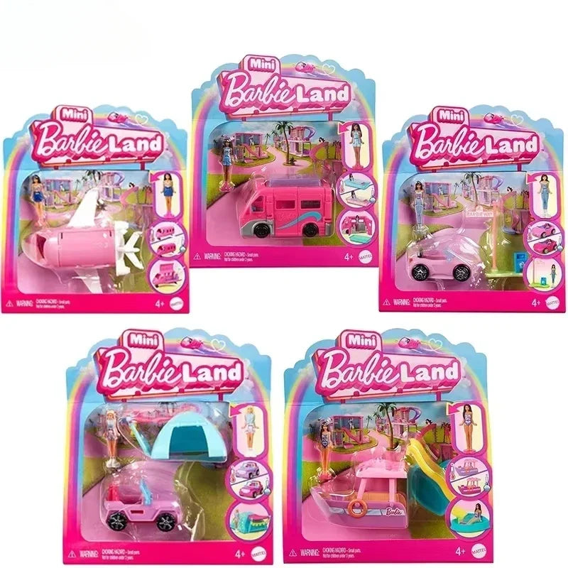 Original Barbie Traffic Vehicle Mini Barbieland Color Change Dream Camper Car Boat Plane Doll House Accessories Toys for Girls