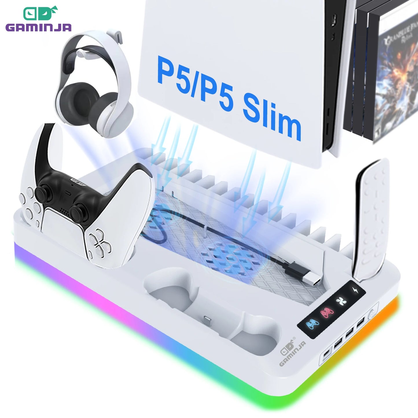 GAMINJA P58 P5 Stand Cooling Station With RGB Light Cooling Fan Dual Controllers Charger For Playstation 5 Game PS5 Accessories