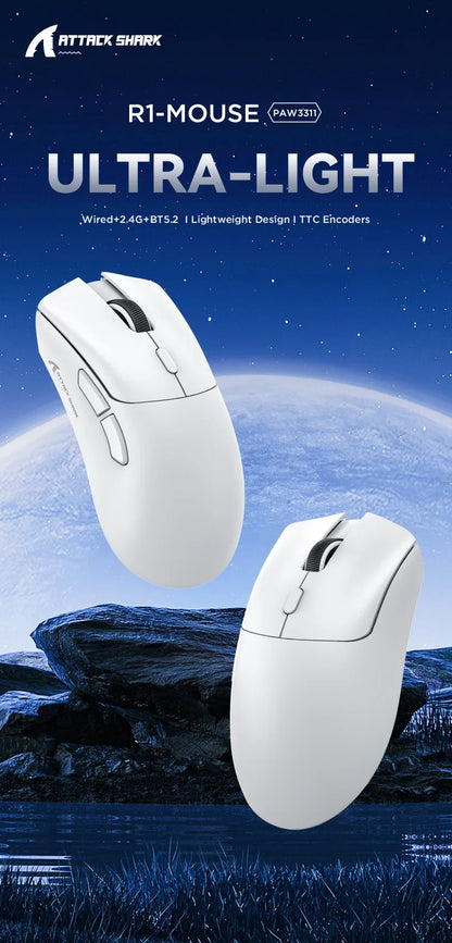 Attack Shark R1 2.4G USB Tri-modeWireless Gaming Mouse Bluetooth Connection 18000DPI 1000Hz Macro Mice For PC