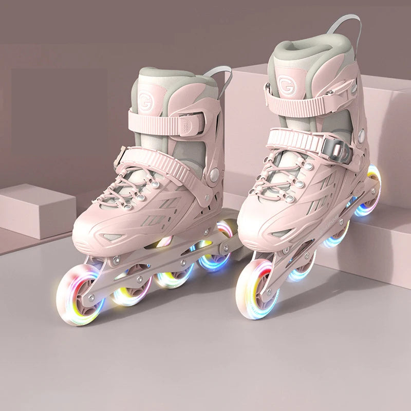 Inline Roller Skates With Helmet, Elbow And Knee Pads Shoe Bag Set Flash 4 Wheels Sneakers For Boys Girls Adjustable Skate Shoes