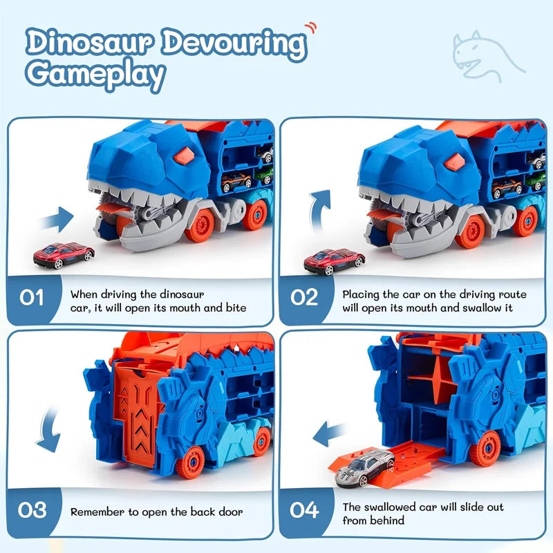 Dinosaur Transporter Truck Toys Foldable Track Alloy Transforming Dinosaur Transport Toy For Kids Boys Gift Educational Fun Play