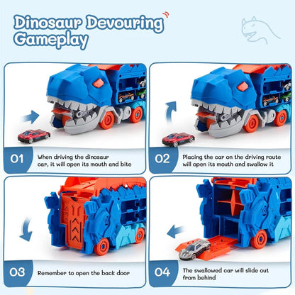 Dinosaur Transporter Truck Toys Foldable Track Alloy Transforming Dinosaur Transport Toy For Kids Boys Gift Educational Fun Play