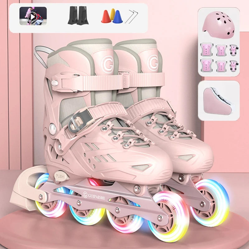 Inline Roller Skates With Helmet, Elbow And Knee Pads Shoe Bag Set Flash 4 Wheels Sneakers For Boys Girls Adjustable Skate Shoes