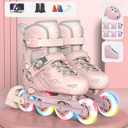 Inline Roller Skates With Helmet, Elbow And Knee Pads Shoe Bag Set Flash 4 Wheels Sneakers For Boys Girls Adjustable Skate Shoes