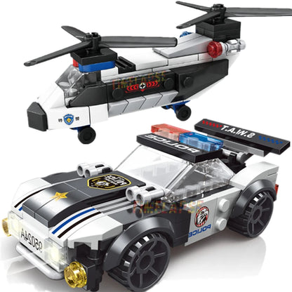 NEW DIY MOC City SWAT Super Police Sports Car Truck Dual-Rotor Helicopter Famous Building Blocks Bricks Kits Classic Model