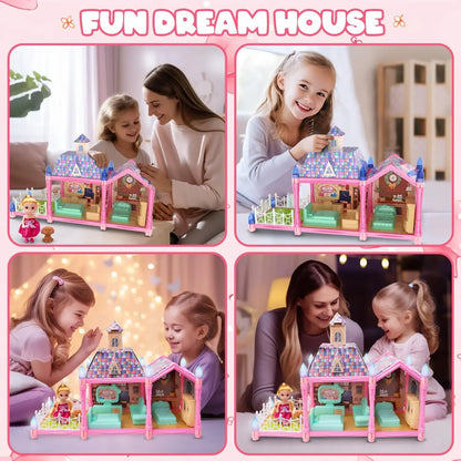 Luminous Doll House Dreamhouse for Girls Princess Playhouse Set with Dolls Furniture Accessories Pretend Play Birthday Gifts