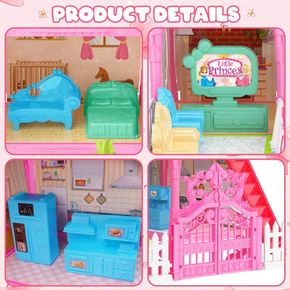 Luminous Doll House Dreamhouse for Girls Princess Playhouse Set with Dolls Furniture Accessories Pretend Play Birthday Gifts