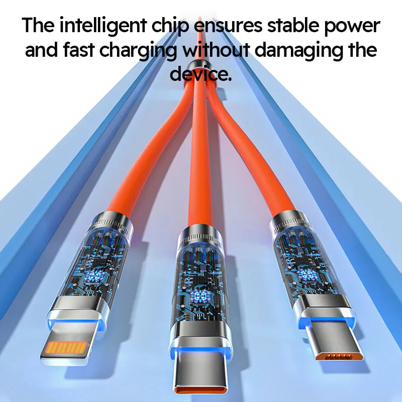 3 in 1 USB Cable 6A 120W  USB Cable  Fast Charging Data Cord For Iphone Samsung Huawei Xiaomi Multi Port Multiple Charging Wire