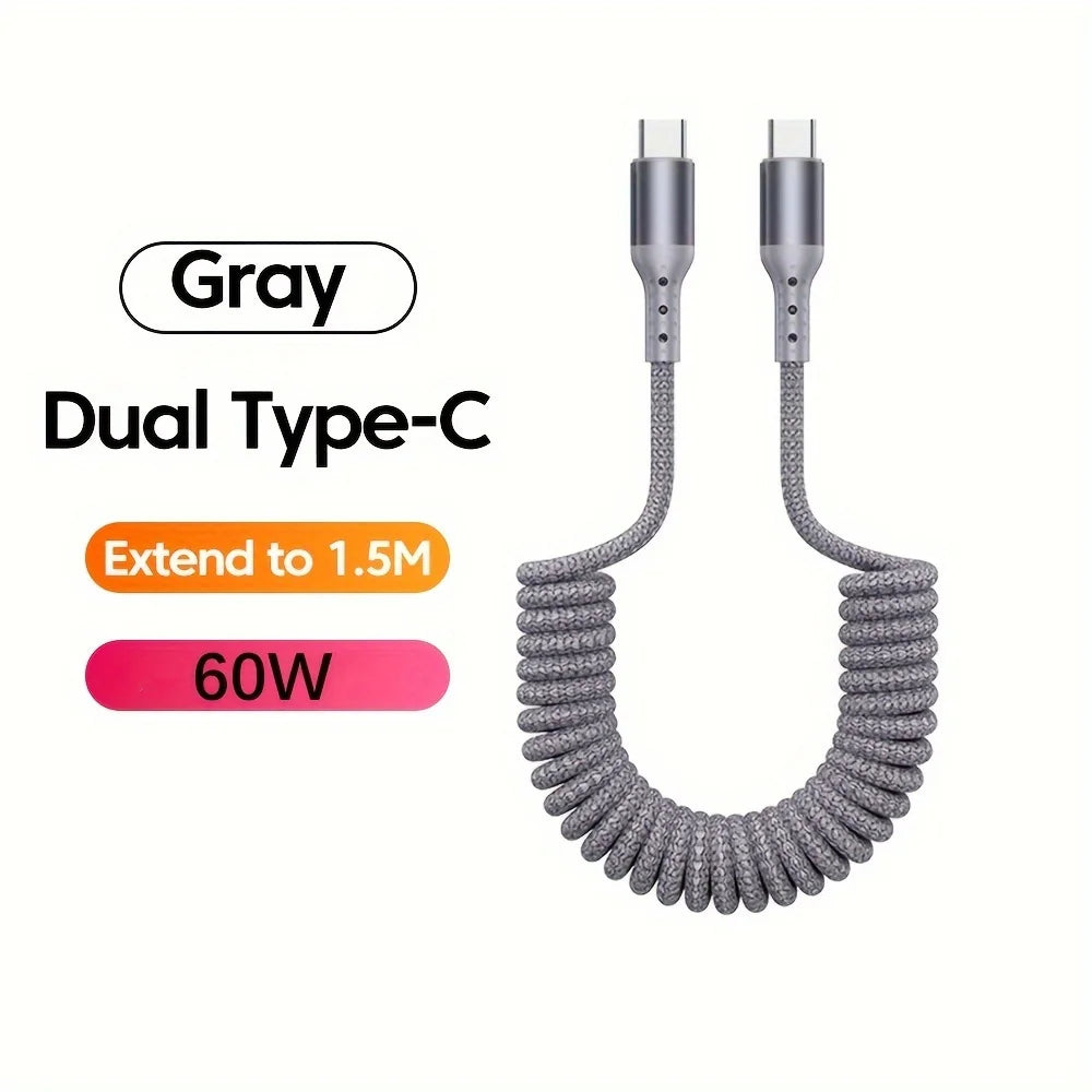 100W USB Type C Spring Car Fast Charging Cable for Samsung Xiaomi Huawei 60W USB C Data Cord for iPhone 15 Huawei USB C Wire