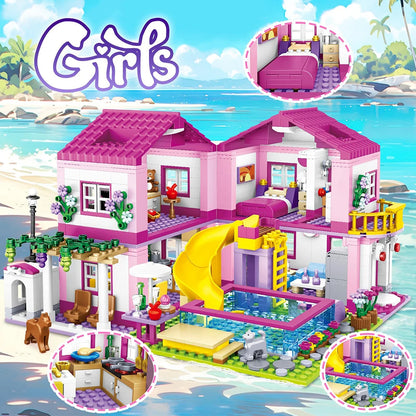 Friends City House Summer Holiday Seaside Villa Apartment MOC Building Blocks Sets Figures DIY Toys for Kid Girls Christmas Gift