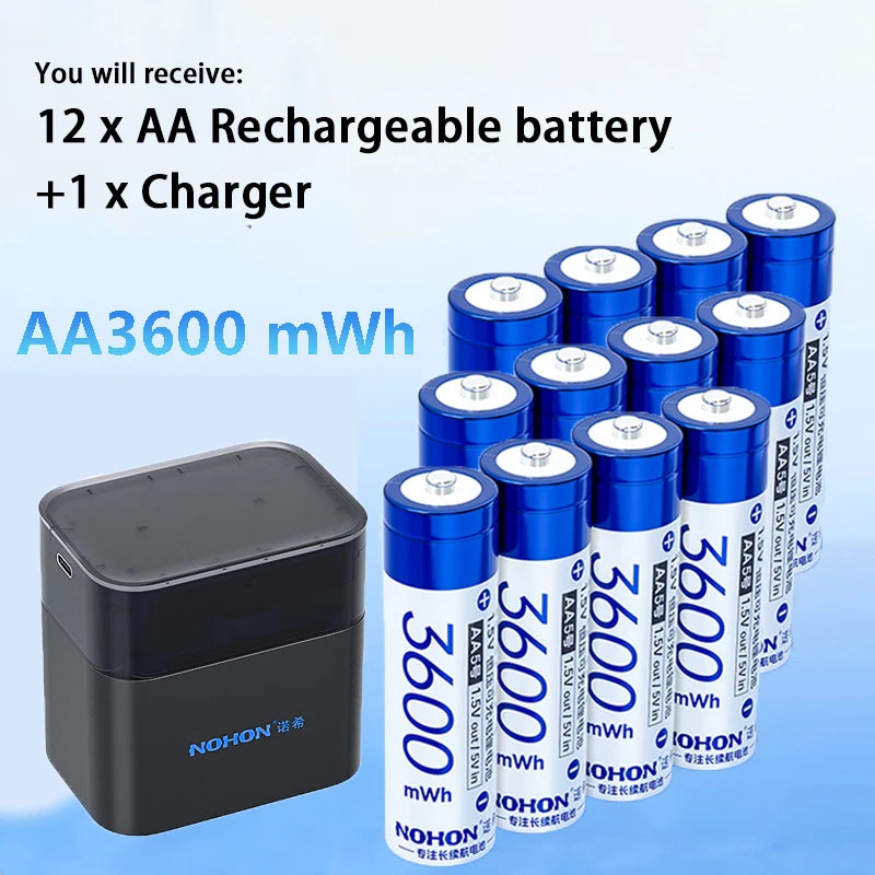 NOHON 1.5V Li-Ion Rechargeable AA Lithium-Ion Batteries 3600Mwh High Capacity AAA Battery for Remote Control Electric Toys Mouse