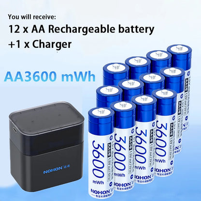 NOHON 1.5V Li-Ion Rechargeable AA Lithium-Ion Batteries 3600Mwh High Capacity AAA Battery for Remote Control Electric Toys Mouse