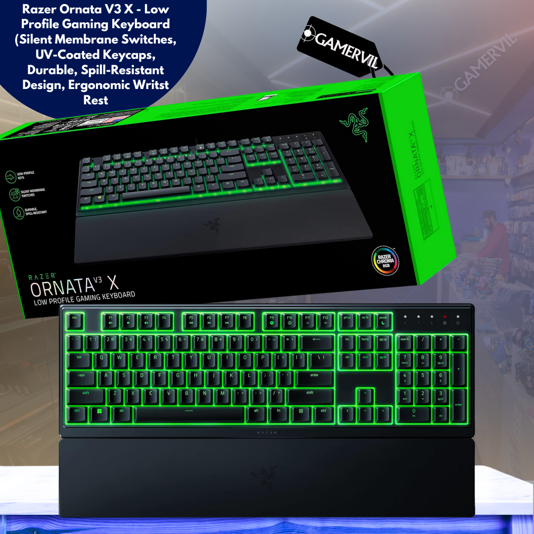 Ornata V3 X - Low Profile Gaming Keyboard (Silent Membrane Switches, Uv-Coated Keycaps, Durable, Spill-Resistant Design, Ergonomic Writst Rest) UK Layout | Black