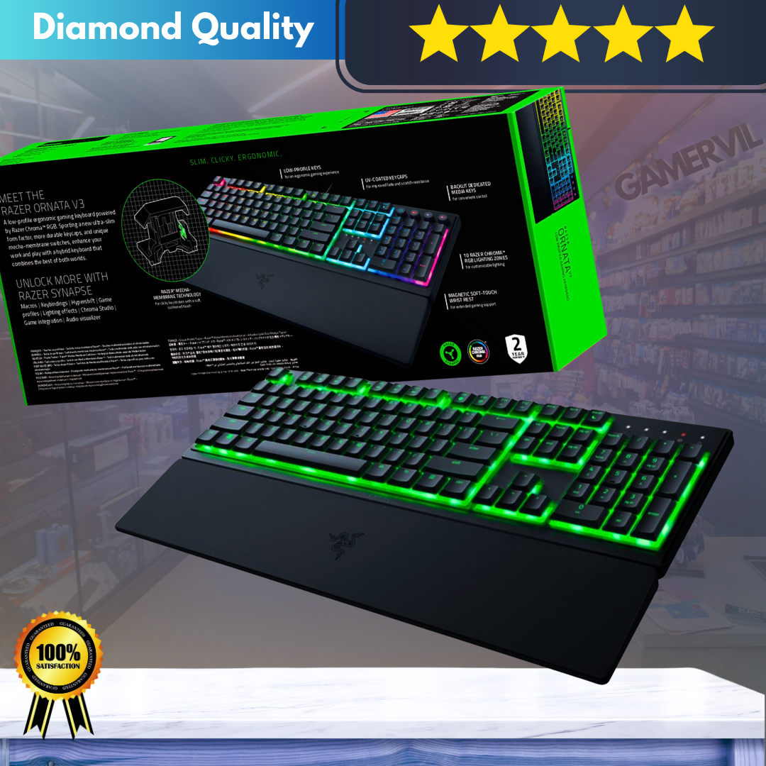 Ornata V3 X - Low Profile Gaming Keyboard (Silent Membrane Switches, Uv-Coated Keycaps, Durable, Spill-Resistant Design, Ergonomic Writst Rest) UK Layout | Black